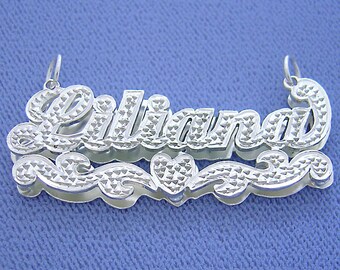 Sterling Silver Personalized 3D Double Plate Name Pendant Necklace Diamond Accent Heart Jewelry SD53