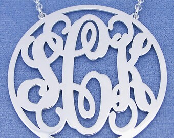 Sterling Silver Personalized 3 Initials Large Circle Monogram Necklace Fine Jewelry 1 3/4 inch SM45C