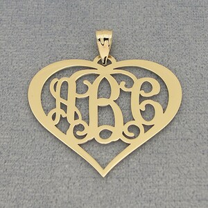 10kt or 14kt Solid Gold 3 Initials Heart Monogram Pendant Necklace Fine Jewelry 1.25&quot; Wide GM57