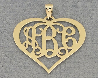 10kt or 14kt Solid Gold 3 Initials Heart Monogram Pendant Necklace Fine Jewelry 1.25" Wide GM57