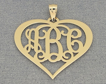 10kt or 14kt Solid Gold 3 Initials Heart Monogram Pendant Necklace Fine Jewelry 1.25" Wide GM57