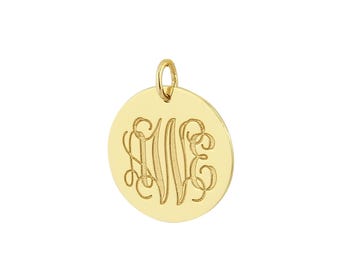 3 Initials Monogram 0.75 inch Circle Disc Charm Pendant Deep Both Sides Laser Engrave 10K or 14K Solid Gold GC08