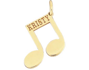 10K or 14K Solid Gold Tiny Music Note Charm Pendant Necklace Deep Laser Engraved Any Name GC28