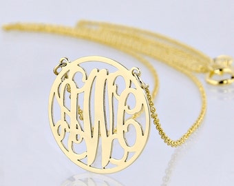Small Solid Gold 3 Initials Circle Personalized Monogram Necklace 5/8 Inch Fine Jewelry GM40C