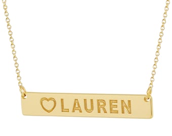 1 Inch Solid 10k or 14k Yellow Gold Tiny Horizontal Bar Necklace Deep Laser Engraved Name with Heart GC36