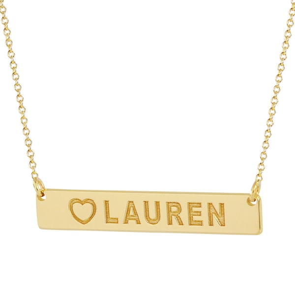 10k/14K Gold Bar Necklace Personalized Engraved Name Pendant Heart Gift For Her 1"