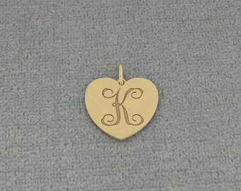 10K or 14K Solid White or Yellow Gold 1/2 Inch Tiny Heart Disc Charm Pendant Necklace Deep Laser Engraved Monogram Initial GC20