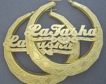 Personalized 10k Real Gold Round Door Knocker Shiny Name Hoop Earrings 2.9 Inches Diamond Cut Heart