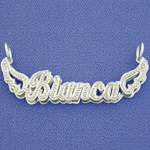 Sterling Silver Personalized 3D Double Plate Name Pendant Angel&#39;s Wings Charm Necklace Diamond Accent Jewelry SD40X