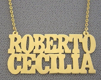 10K or 14K Yellow or White Solid Gold Personalized Couple Name Necklace Block Letter Font NN92