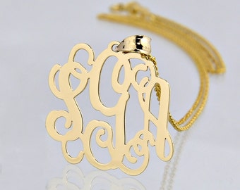 10K Solid Gold 3 Initials Monogram Pendant Necklace 1 Inch Personalized Bridesmaids Gift Jewelry GM31