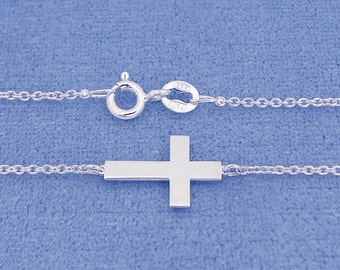 Small Solid Sterling Silver Tiny Sideway Cross Charm Pendant Necklace SC10