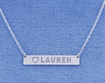 1 Inch Wide Sterling Silver Deep Laser Engraved Personalized Heart Name Horizontal Bar Pendant Necklace SC15