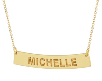 1 Inch Solid 10kt or 14kt Yellow or White Tiny Horizontal Curve Bar Necklace Deep Laser Engraved Any Name GC39