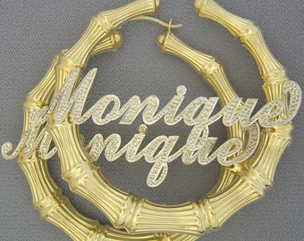 Large 10k or 14k Gold Personalized Bling Iced Out 2 Tone Rhodium Name Bamboo Custom Made Earrings 2.9 Inches