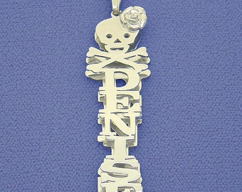 Sterling Silver Personalized 3D Double Plate Name Pendant Necklace Charm Skull Jewelry Crossbones Rose SD30