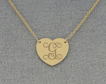 10k or 14k Solid White or Yellow Gold 1/2 Inch Tiny Heart Disc Charm Pendant Necklace Deep Laser Engraved Monogram Initial GC20C