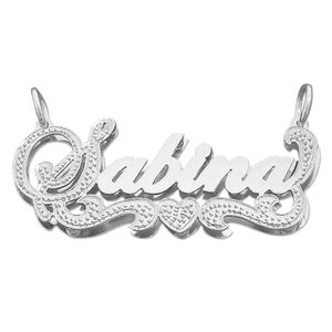 Sterling Silver Personalized 3D Double Plate Name Pendant Necklace Cursive Font Diamond Accent SD25