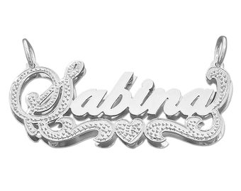 Sterling Silver Personalized 3D Double Plate Name Pendant Necklace Cursive Font Diamond Accent SD25