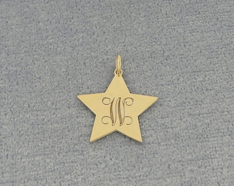 10K or 14K Solid White or Yellow Gold Tiny Star Disc Charm Pendant Necklace Deep Laser Engraved Monogram Initial GC25