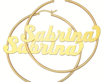 Personalized Name 14K Yellow Gold Sturdy 2 MM Round Tube Hoop Earrings 2.3 Inch