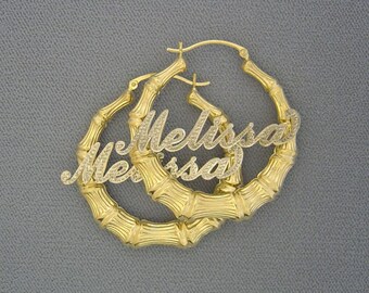 10K or 14K Two Tone Gold Personalized Diamond Accent Name Hollow Round Bamboo Earrings 1.6 Inch