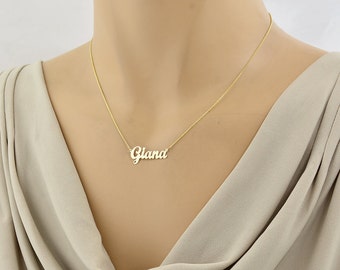 Dainty Script Name Necklace, Solid Gold 1 Inch Personalized Pendant Laser Cut Fine Jewelry GC52