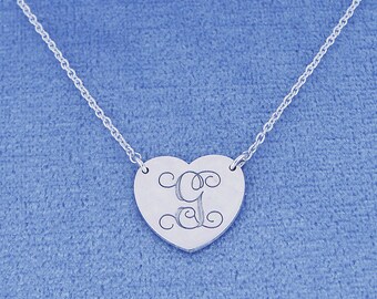 Personalized Small Sterling Silver Deep Laser Engraved Monogram Initial Heart Charm Pendant Necklace SC20