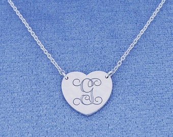 Personalized Small Sterling Silver Deep Laser Engraved Monogram Initial Heart Charm Pendant Necklace SC20