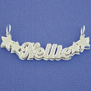 Sterling Silver Personalized 3D Double Plate Name Pendant Shiny Star Charm Necklace Diamond Accent Jewelry SD42