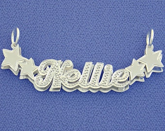Sterling Silver Personalized 3D Double Plate Name Pendant Shiny Star Charm Necklace Diamond Accent Jewelry SD42