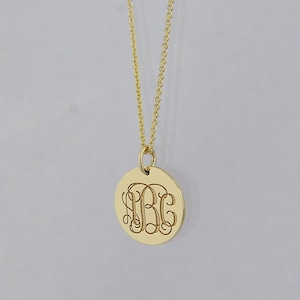 3 Initial Monogram Tiny Round Disc Charm Pendant Necklace Deep Laser Engrave 10K, 14K Solid Gold 1/2 Inch GC06