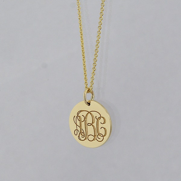 3 Initial Monogram Tiny Round Disc Charm Pendant Necklace Deep Laser Engrave 10K, 14K Solid Gold 1/2 Inch GC06