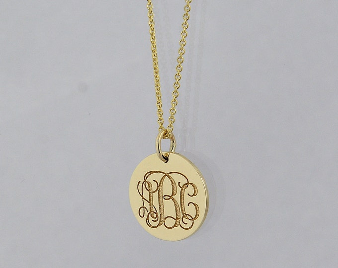 Featured listing image: 3 Initial Monogram Tiny Round Disc Charm Pendant Necklace Deep Laser Engrave 10K, 14K Solid Gold 1/2 Inch GC06