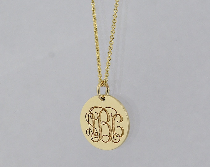 Featured listing image: 3 Initial Monogram Tiny Round Disc Charm Pendant Necklace Deep Laser Engrave 10K, 14K Solid Gold 1/2 Inch GC06