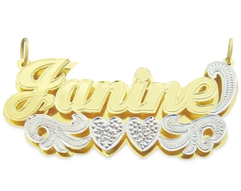 Solid 10K or 14K Gold Personalized Large 2 Inches Name Pendant Charm Jewelry 3D Double Plates Two Tone ND13