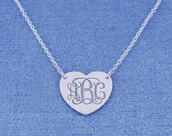 Personalized Small Sterling Silver Deep Laser Engraved 3 Initials Monogram Heart Charm Pendant Necklace SC21C