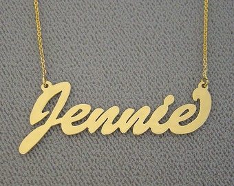 10k or 14k Solid Gold Personalized Name Necklace Laser Cut Brushed Type Script Font Fine JewelryNN21