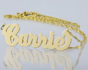 Small Solid 10k or 14k Gold Personalized Carrie Name Necklace Laser Cut Fine Jewelry NN03