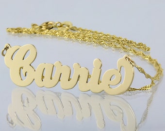 Small Solid 10k or 14k Gold Personalized Carrie Name Necklace Laser Cut Fine Jewelry NN03