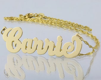 Small Solid 10k or 14k Gold Personalized Carrie Name Necklace Laser Cut Fine Jewelry NN03