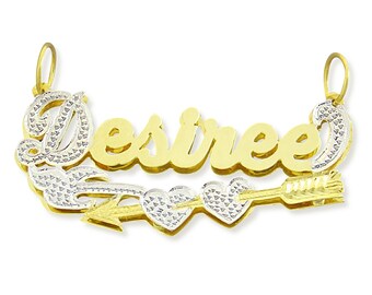 Personalized 3D Cupid's Arrow Hearts Pendant 10K or 14K Gold Name Charm Valentine Jewelry ND47