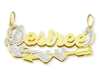 Personalized 3D Cupid's Arrow Hearts Pendant 10K or 14K Gold Name Charm Valentine Jewelry ND47