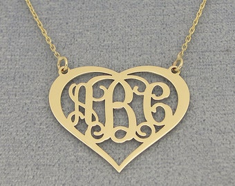 10kt or 14kt Solid Gold 3 Initials Heart Monogram Necklace 1 Inch Fine Personalized Jewelry GM56C