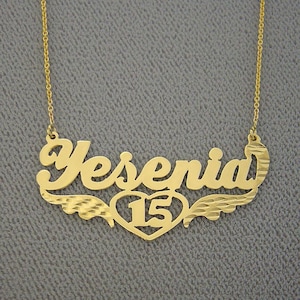 10K or 14K Solid Gold Personalized Name Necklace Sweet 15 Quinceañera Heart Angels Wings NN40