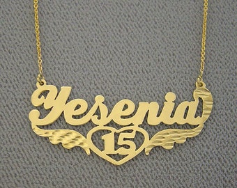10K or 14K Solid Gold Personalized Name Necklace Sweet 15 Quinceañera Heart Angels Wings NN40