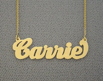 10kt or 14kt Solid Gold Personalized Carrie Cursive Bold Name Necklace Laser Cut Fine Jewelry NN11