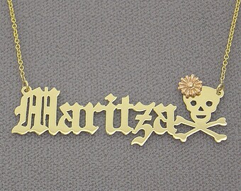 10K or 14K Yellow or White Solid Gold Personalized Name Necklace Old English Font Flower Crossbone Skull