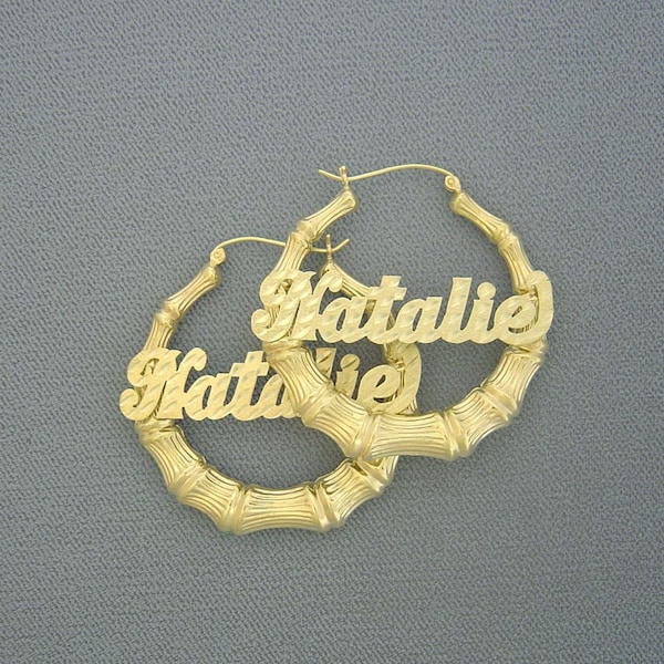 10K or 14K Yellow Gold Personalized Diamond Cut Name Hollow Round Bamboo Earrings 1.6 Inch