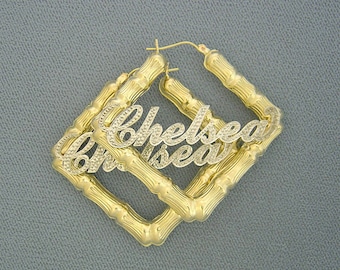 Personalized 10K Gold Square Iced Out Rhodium 2 Tone Name Bamboo Earring 2 Inches Wide